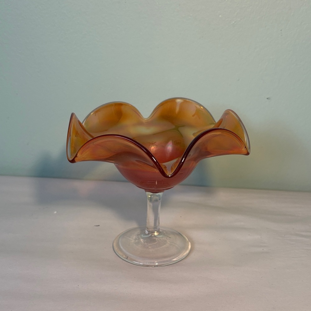 Vintage Carnival Glass Ruffled Rim Compote Bowl